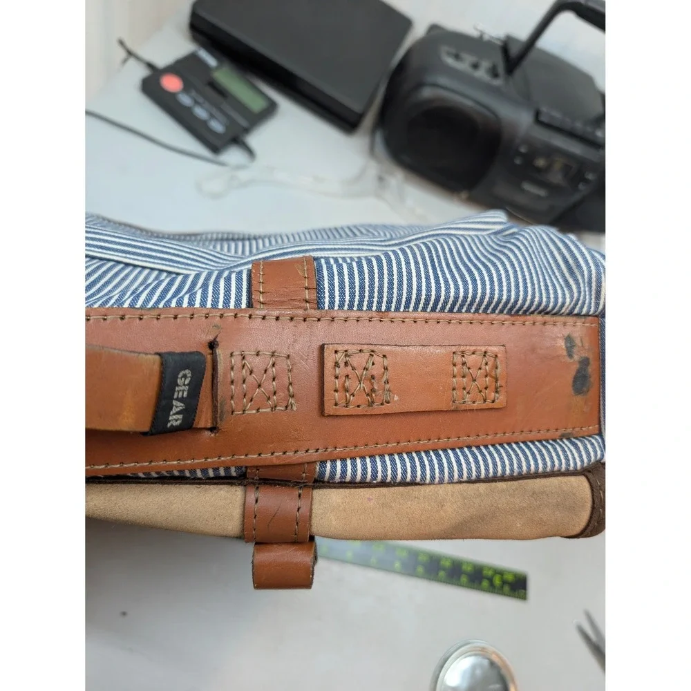 Vintage Hickory Stripe Canvas Suede Garment Travel Luggage Bag Blue White Brown